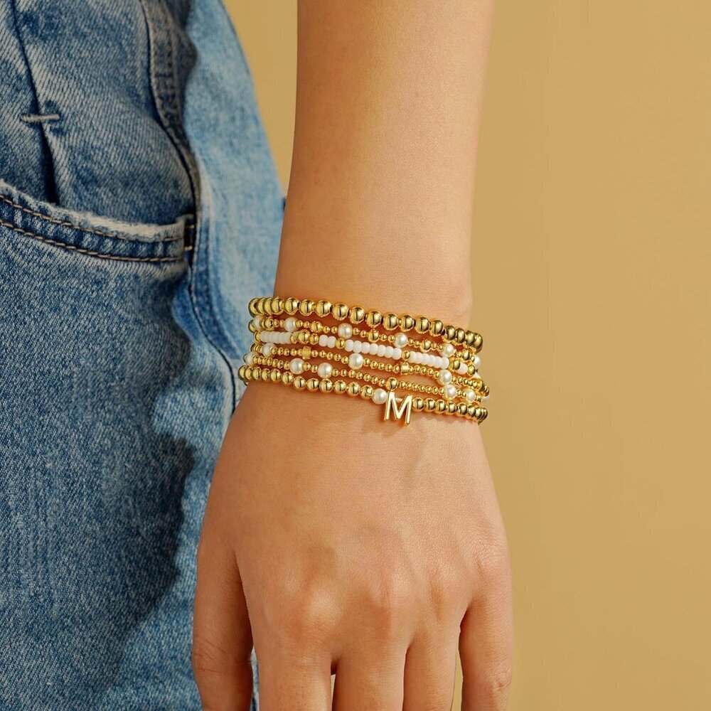 Beaded Initial Bracelets Women Girls Jewelry Gifts 6PCS Set Elastic Stackable - Picture 9 of 9